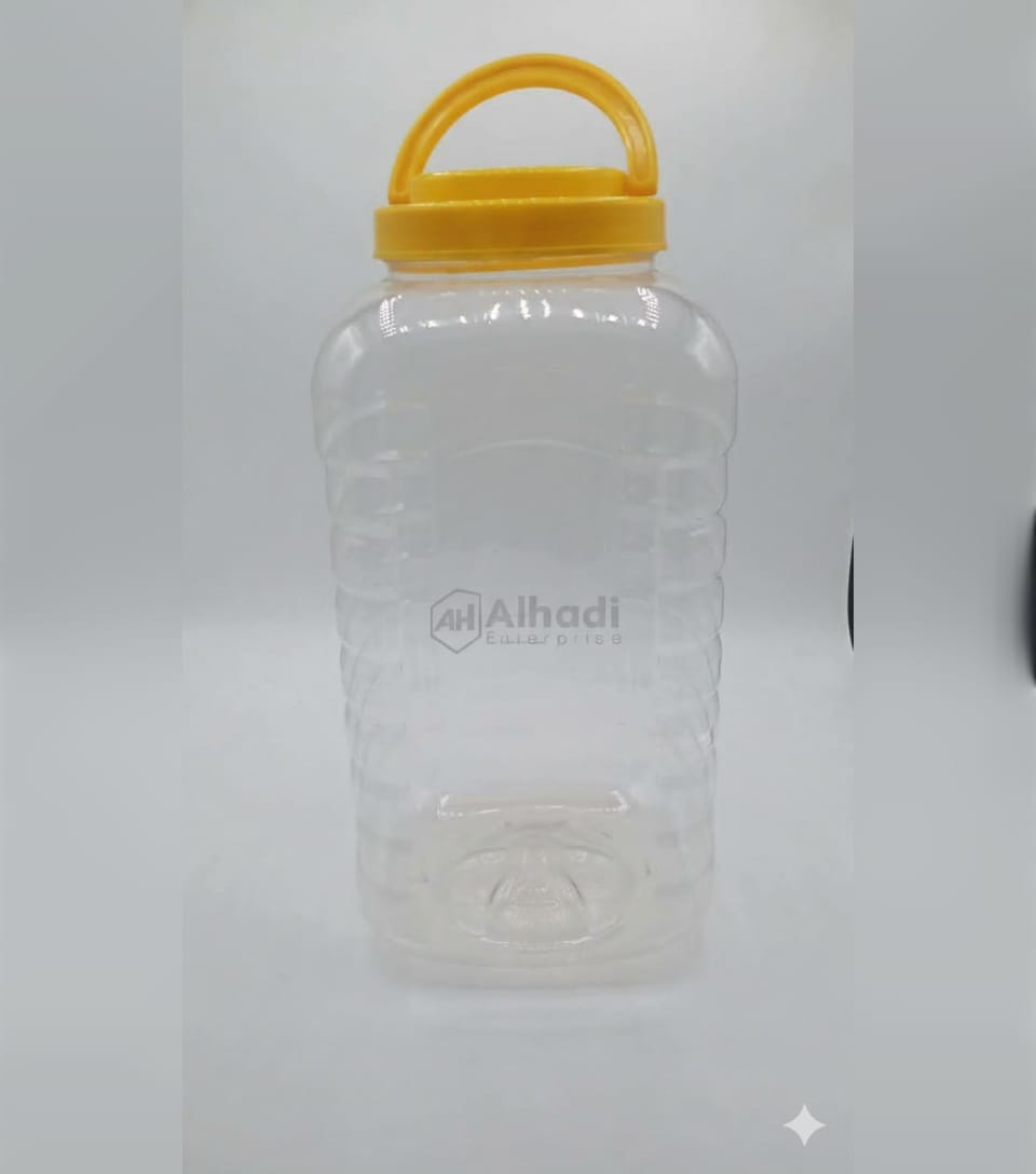 Clear plastic jar with red and yellow lid 5 kg
