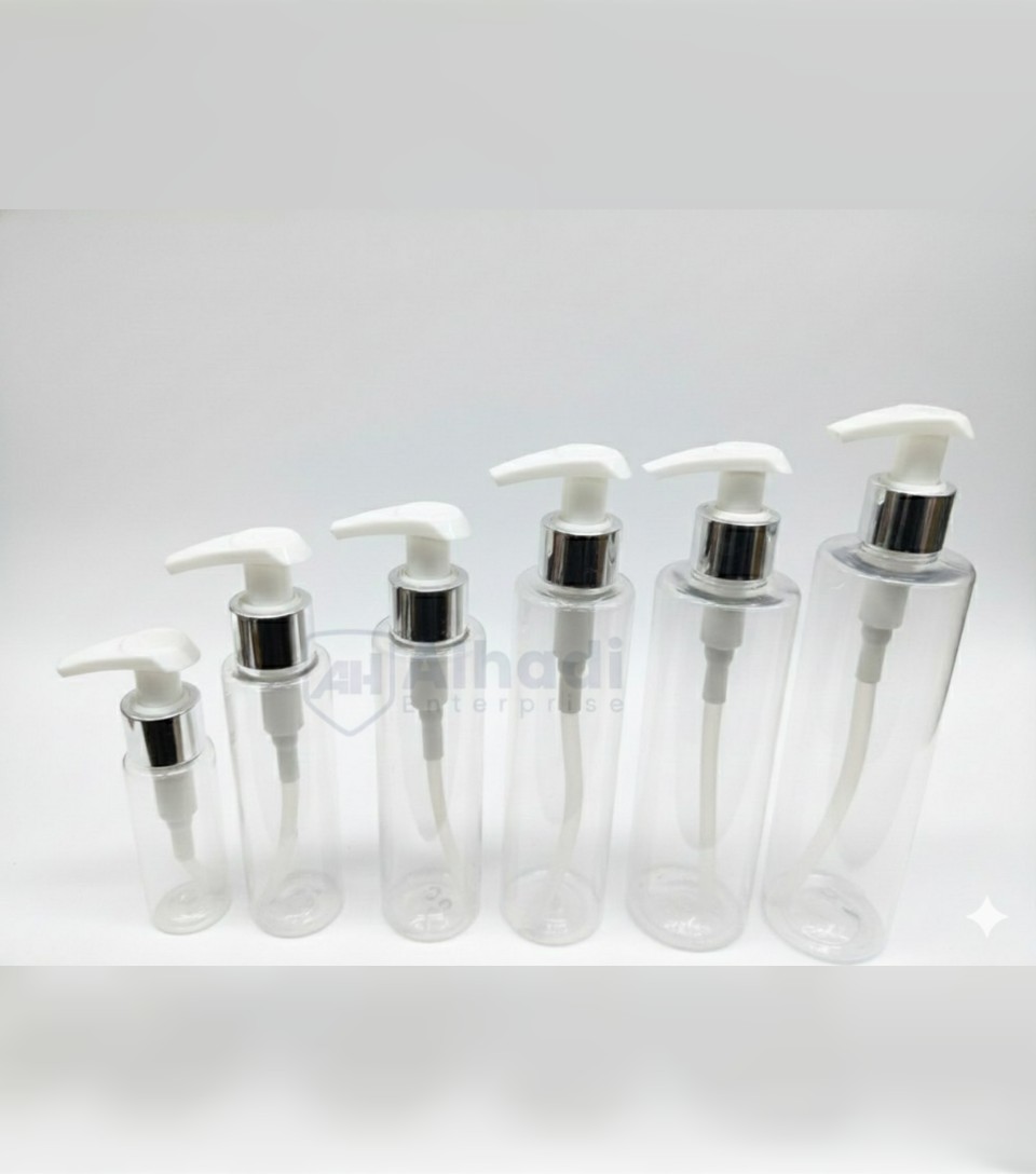 Transparent lotion and shampoo bottles