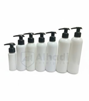White pump bottles with golden / silver lid